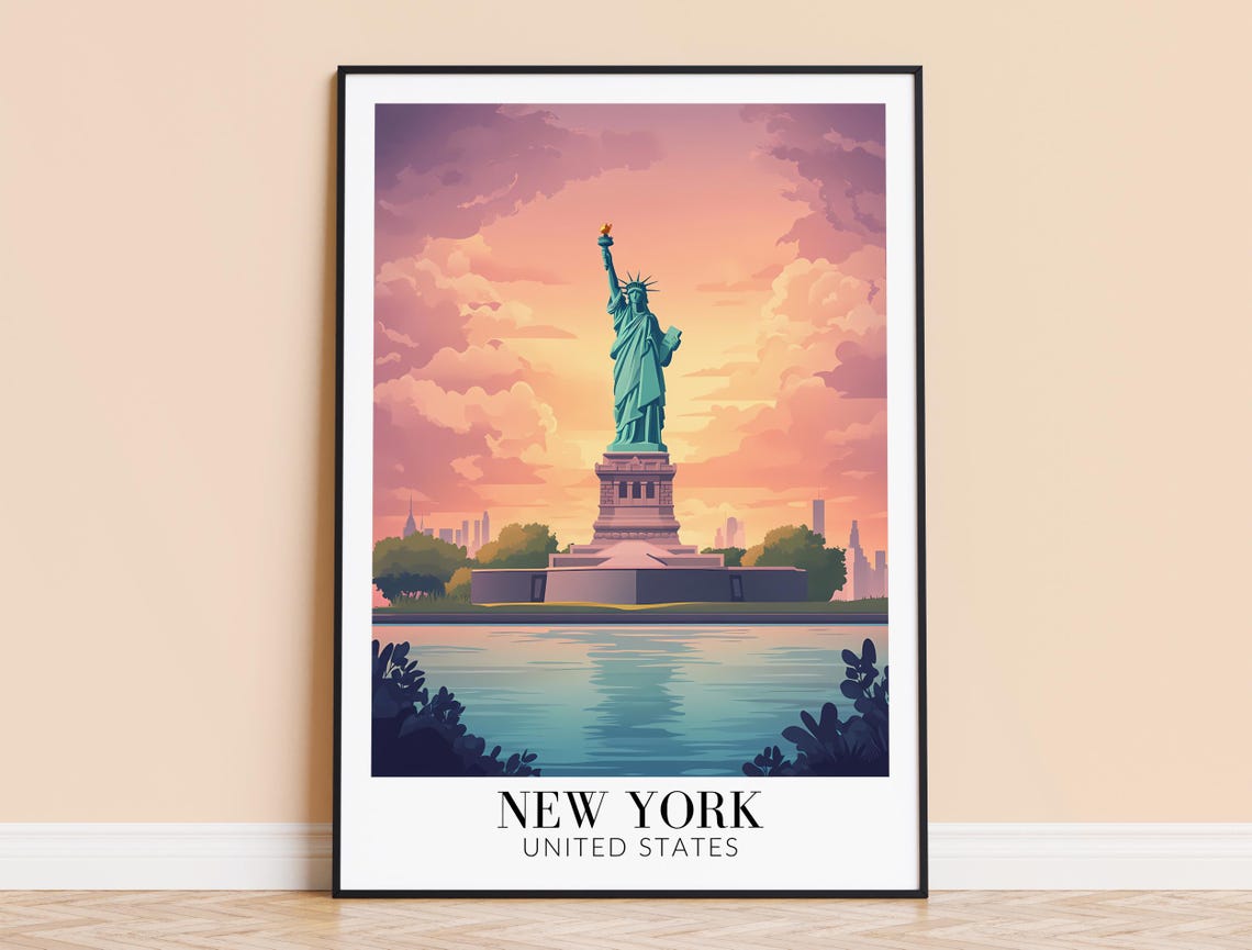 New York City Statue of Liberty Sunset Harbor Glow Travel Poster