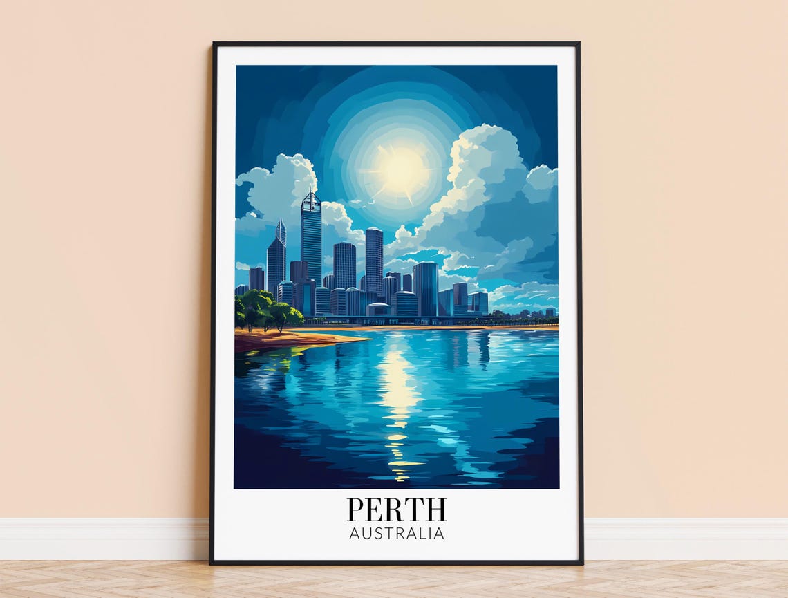 Perth Australia Sunny City Skyline Blue River Reflection Travel Poster