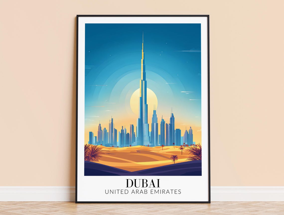 Dubai Burj Khalifa Desert Dunes Sunset Skyline Art Travel Poster