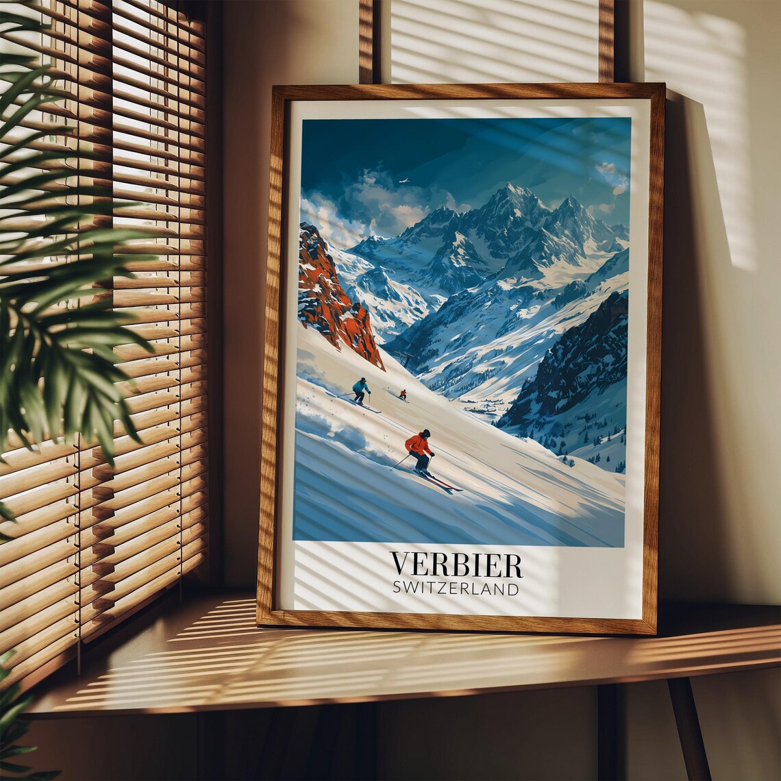 Verbier Switzerland Skiers on Sunny Alpine Slope Travel Poster - Image 3