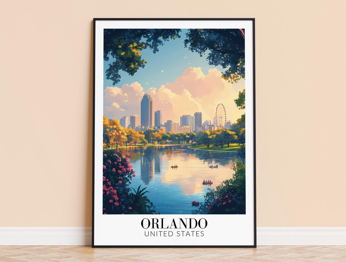Orlando Downtown Ferris Wheel Lake Sunset Boats Travel Poster