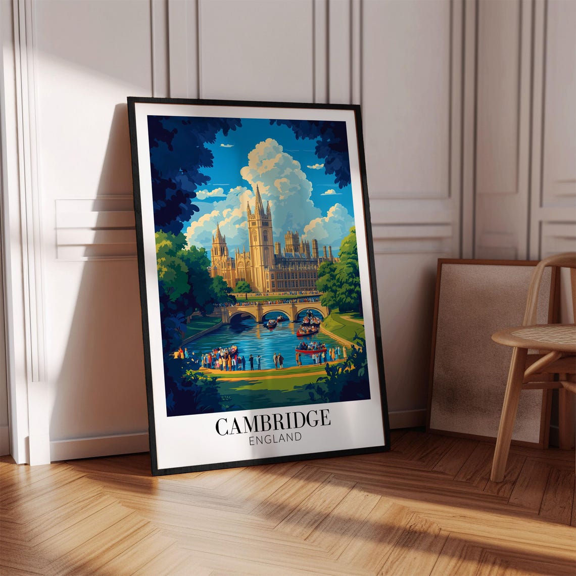 Cambridge England Blue Sky Bridge Punting Crowds Riverside Poster - Image 4