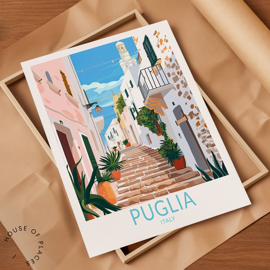 Puglia Italy Charming Old Town Stone Street Stairs Travel Poster - Image 2