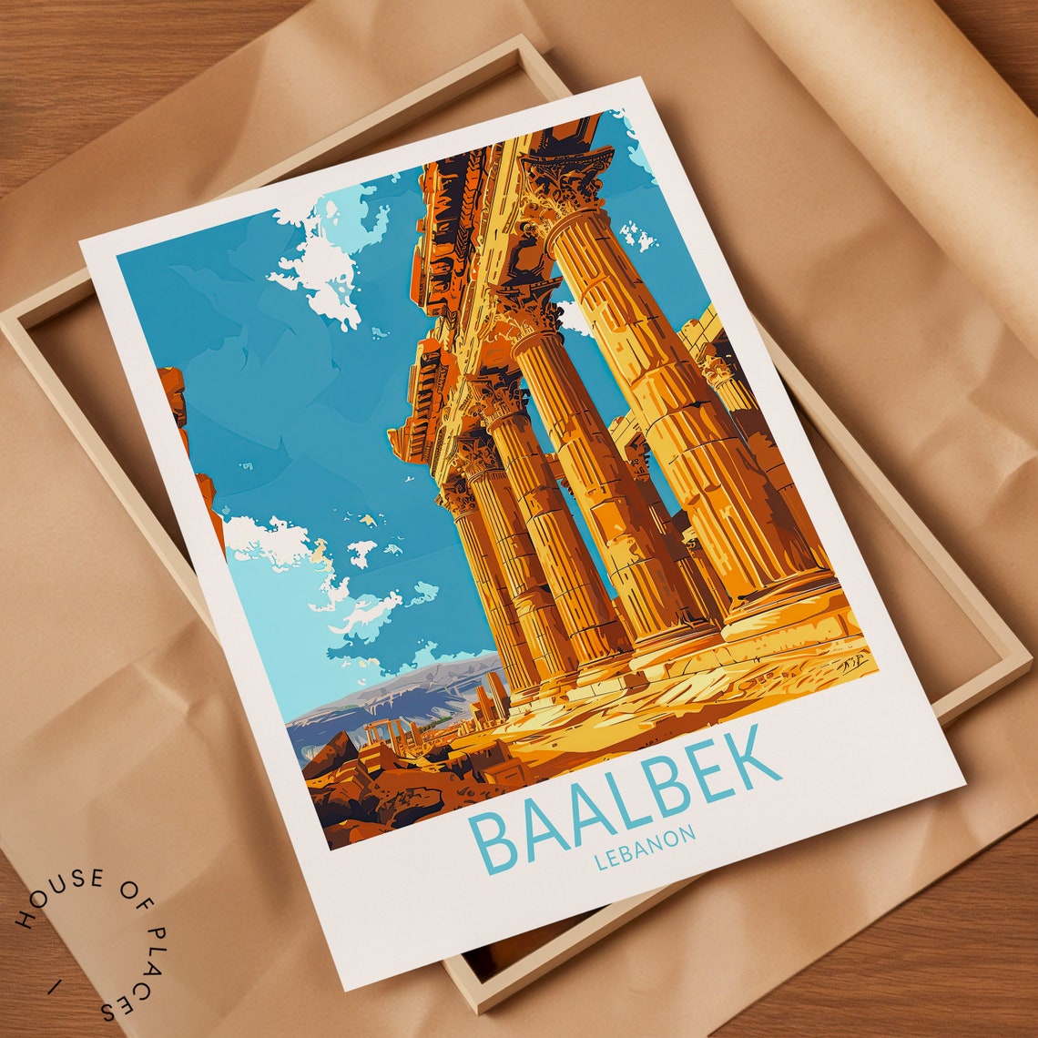 Baalbek Lebanon Golden Temple Columns Blue Sky Retro Travel Poster - Image 2