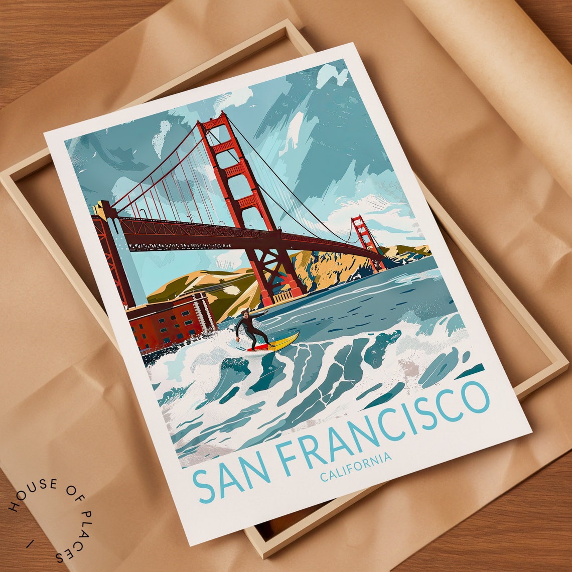 San Francisco Golden Gate Bridge Surfer California Travel Poster - Image 2
