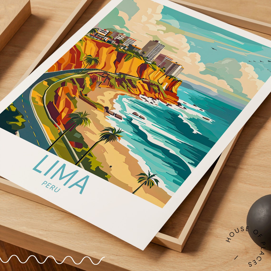 Lima Peru Colorful Coast Cliffs Retro Illustration Travel Poster - Image 3