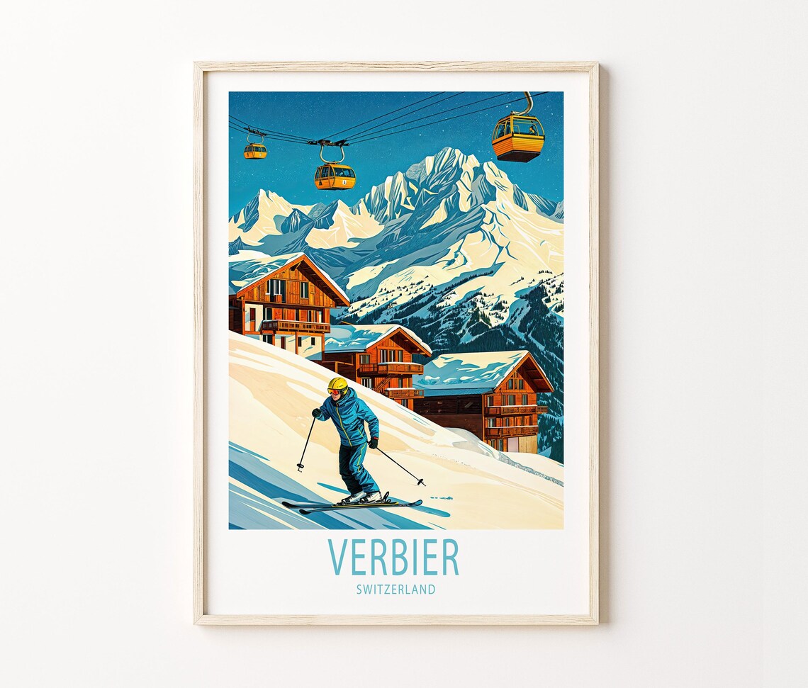 Verbier Switzerland Skier in Front of Alpine Chalets and Gondola Poster - Image 3