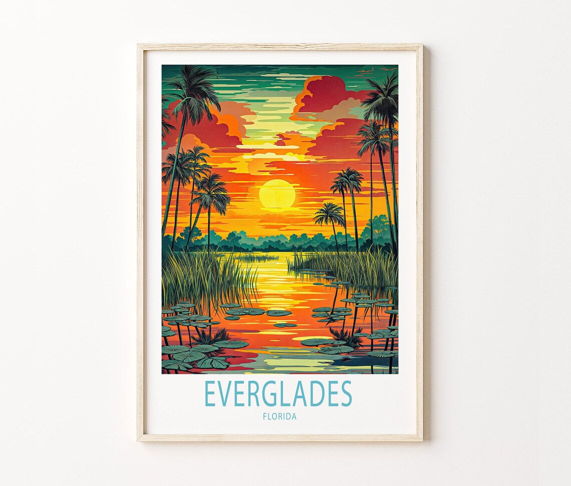 Everglades Florida Sunset Over Wetlands With Palm Silhouettes and Clouds Poster - Image 3