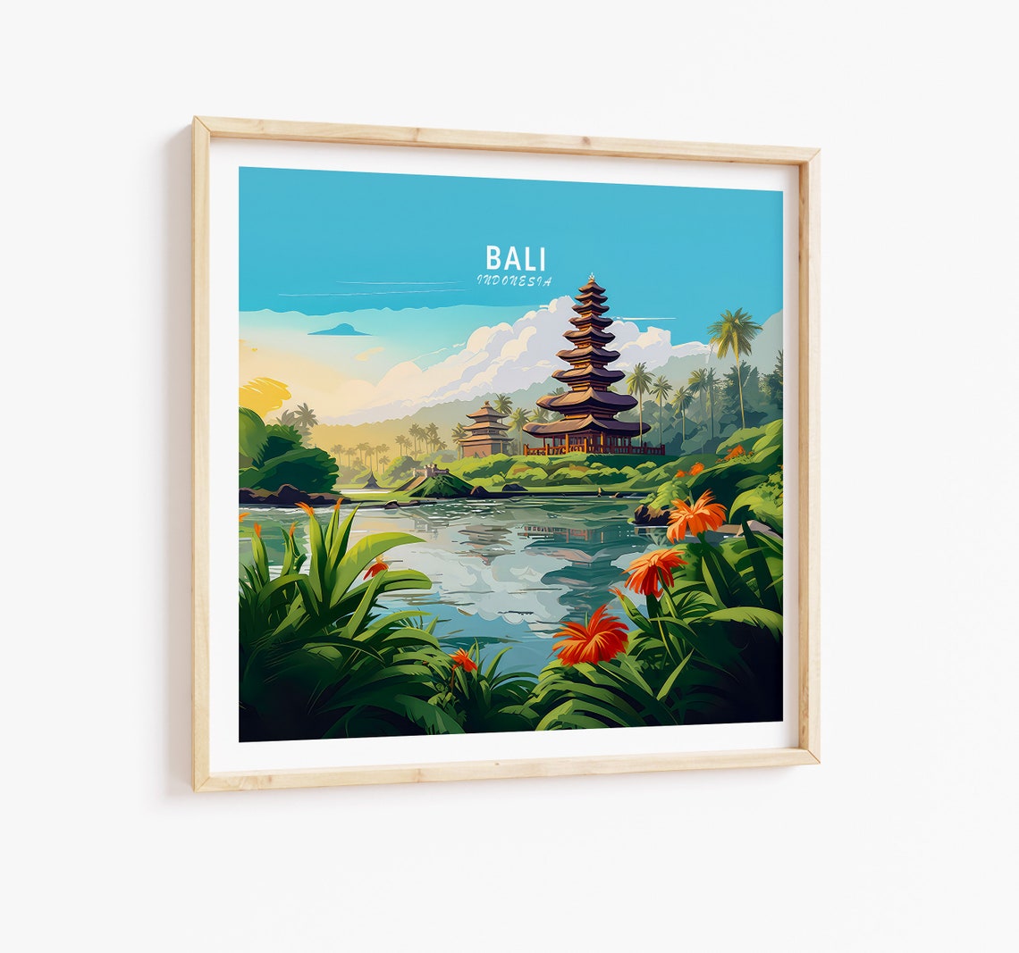 Bali Indonesia Lake Temple Vintage Travel Illustration Poster