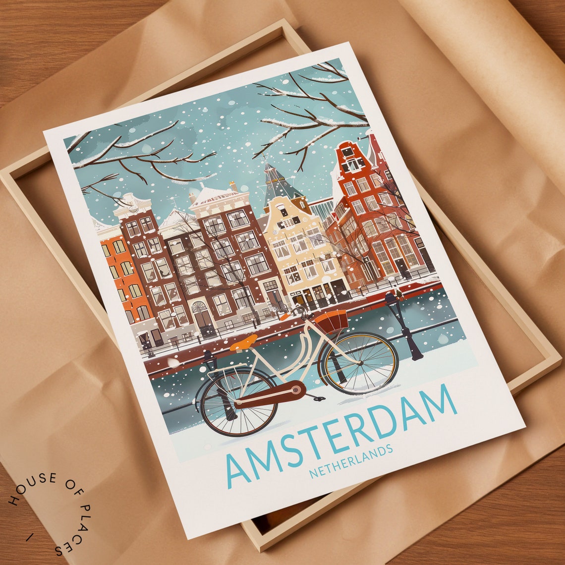 Amsterdam Winter Canal Snow Scene with Dutch Bicycle Travel Poster - Image 2