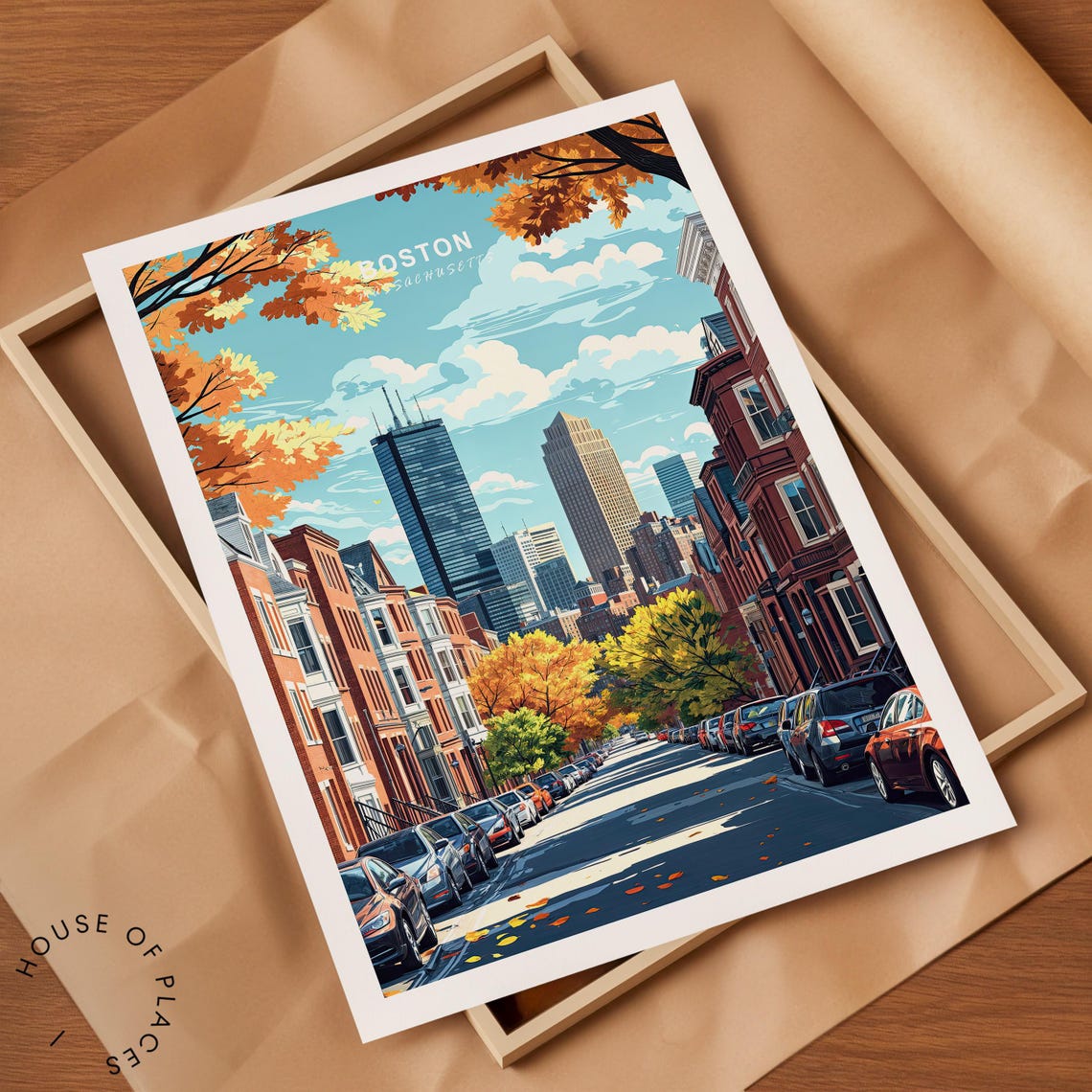 Boston Massachusetts Autumn Brownstone Street Travel Poster City Scene - Image 2