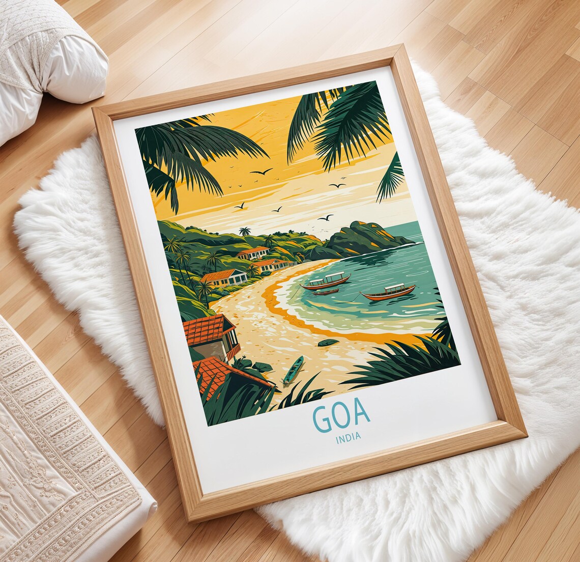 Goa India Tropical Beach With Fishing Boats and Palm Trees Poster - Image 3
