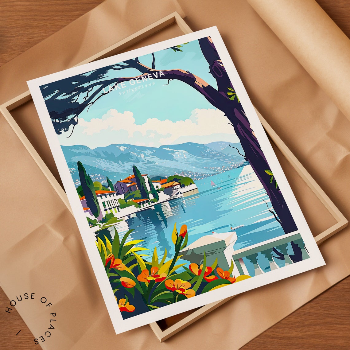 Lake Geneva Switzerland Lakeside Village With Mountains Travel Poster - Image 2