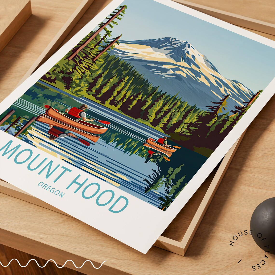 Mount Hood Oregon Lake Kayakers Snowy Peak Daytime Travel Poster - Image 3