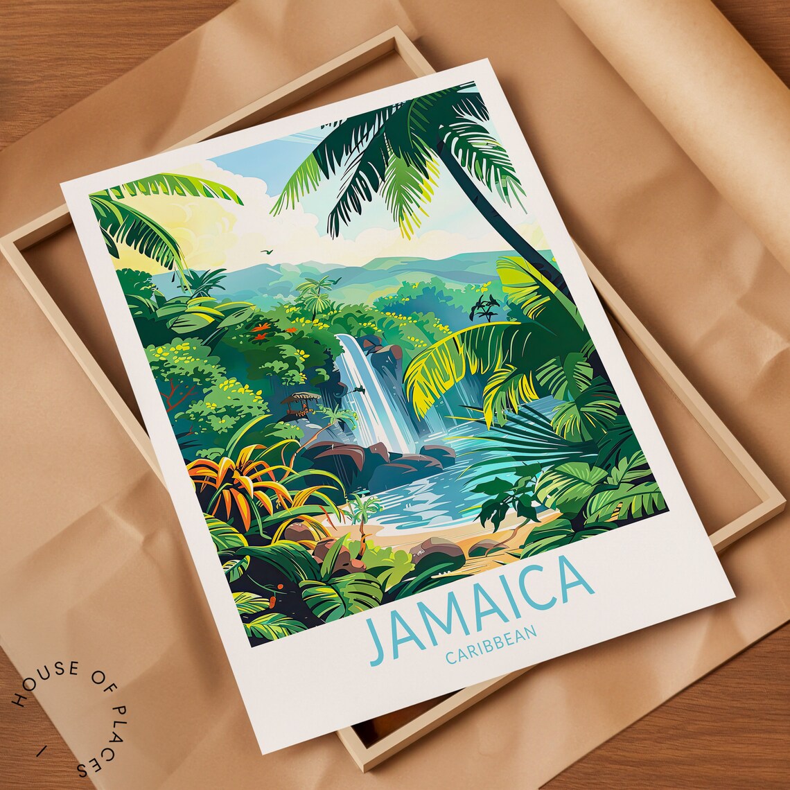 Jamaica Caribbean Waterfall Tropical Jungle Stream Palms Bottom Text Travel Poster - Image 2