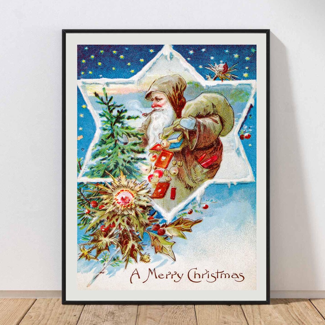 Vintage Father Christmas Star Window A Merry Christmas Art Poster