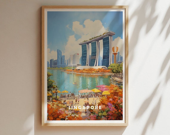 Singapore Southeast Asia Marina Bay Skyline Hotel Travel Poster