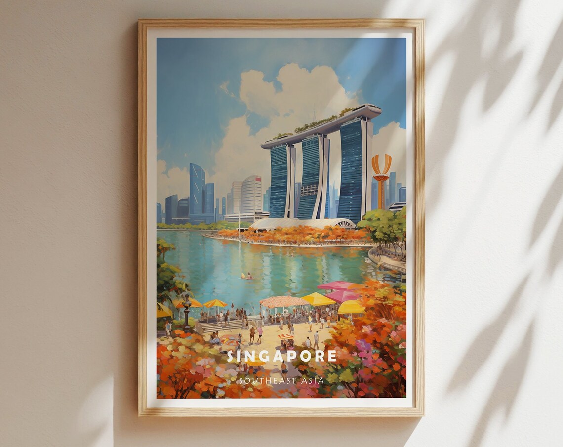 Singapore Southeast Asia Marina Bay Skyline Hotel Travel Poster