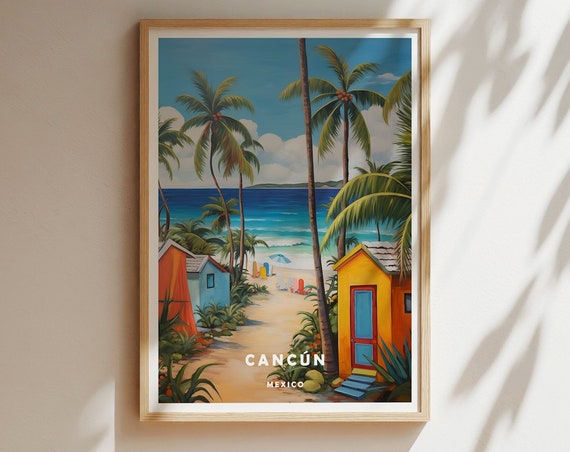 Cancun Mexico Colorful Beach Huts Palms White Sand Travel Poster