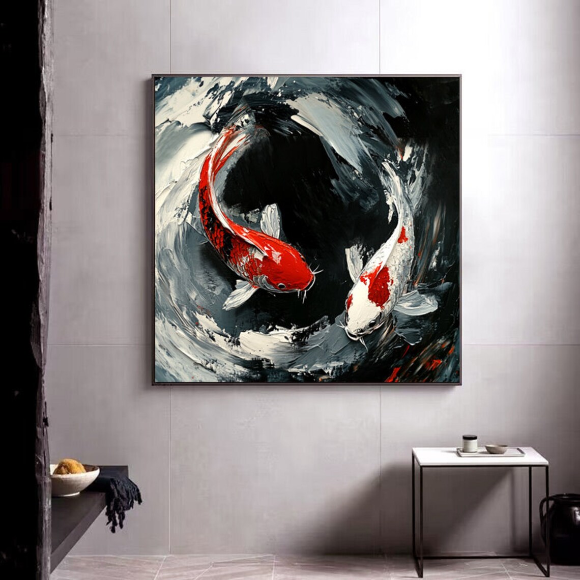 Red And White Koi Fish Circling In Dark Swirling Water Art Poster - Image 2