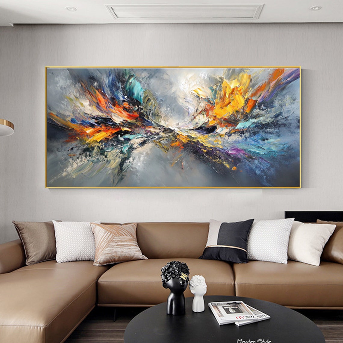 Soft Gray Abstract With Fiery Orange And Blue Brushstrokes Art Poster - Image 6