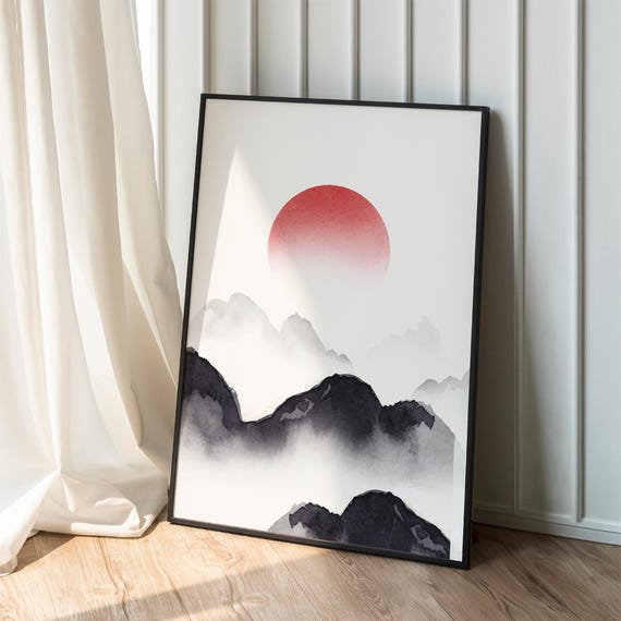 Watercolor Mountain Print Asian Landscape Red Ink Zen Art