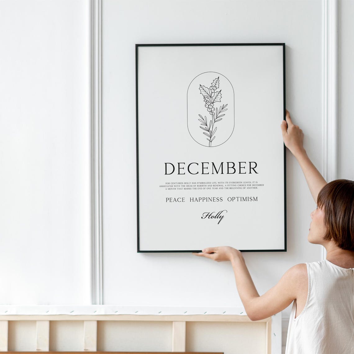 December Holly Line Art Birth Flower Minimalist Botanical Poster