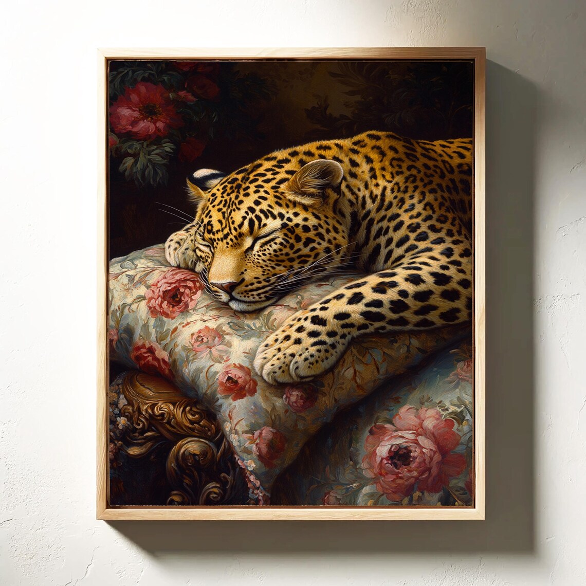 Sleeping Leopard Resting Floral Cushion Roses Elegant Wildlife Poster - Image 7