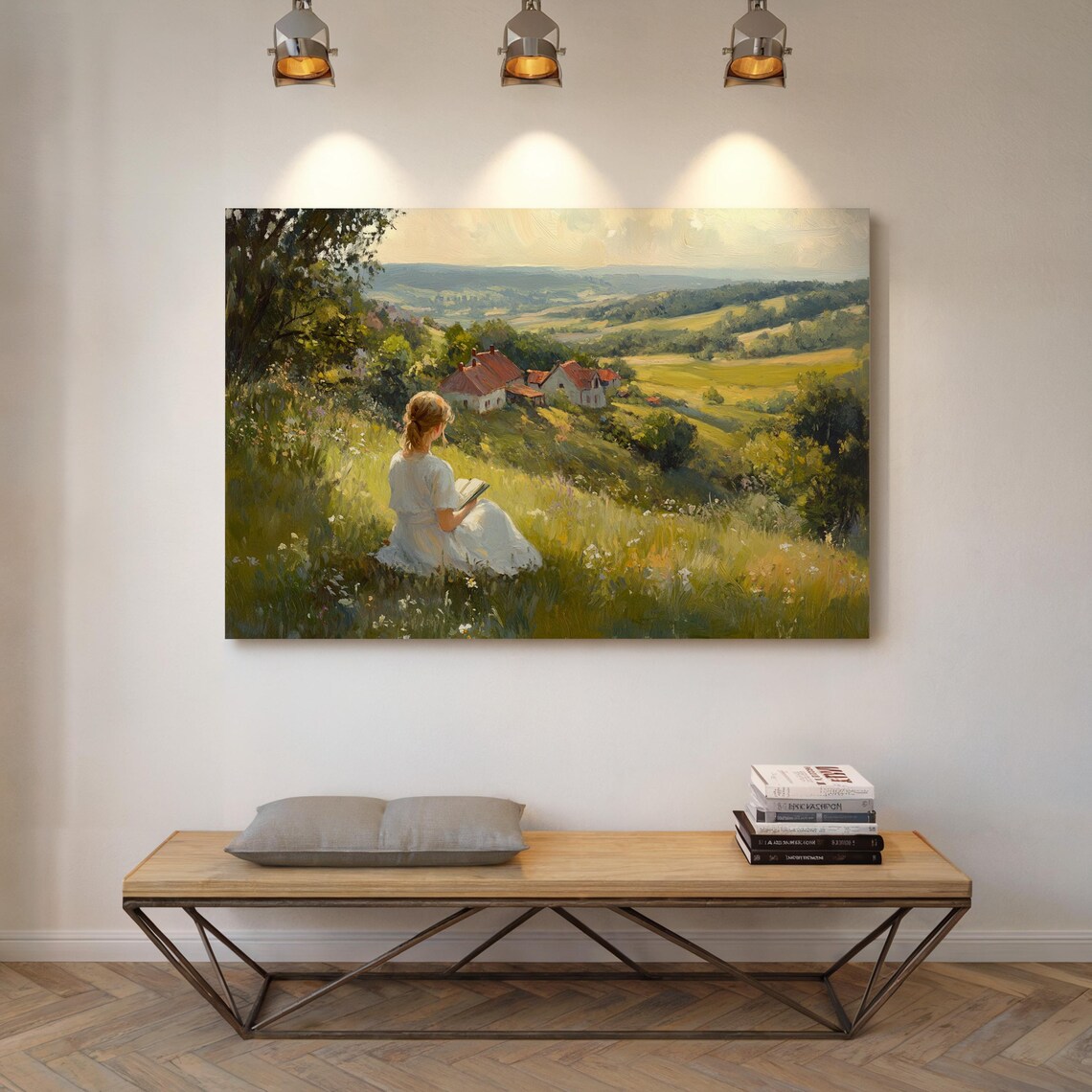 Cottagecore Girl Reading, Peaceful Field Landscape - Image 5