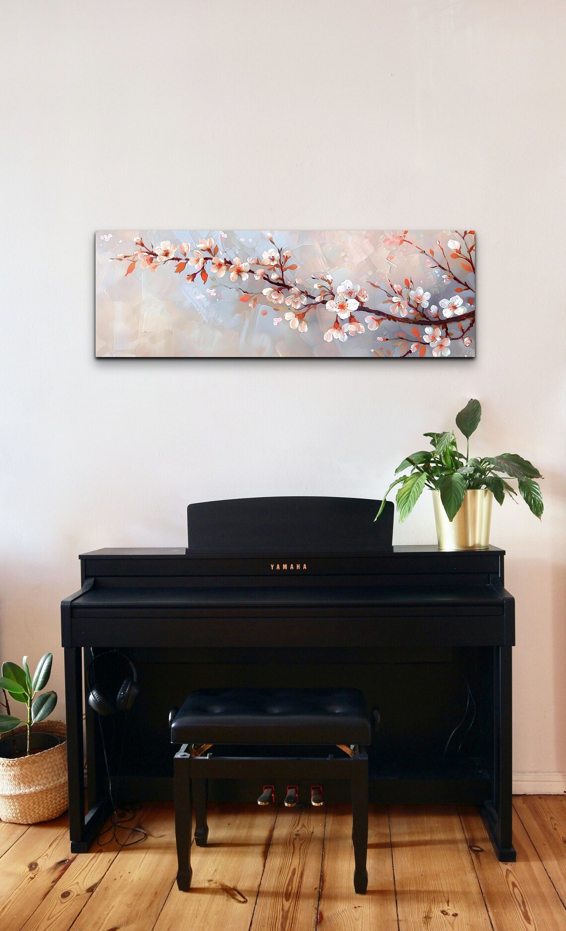 White Cherry Blossom Branch Beige Oil Painting Panoramic Art Poster - Image 4