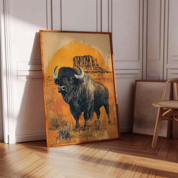 Bison Wall Art Print With Desert Landscape Vintage Buffalo Canvas Poster In Western Style Rustic Country Farmhouse Or Cabin Decor