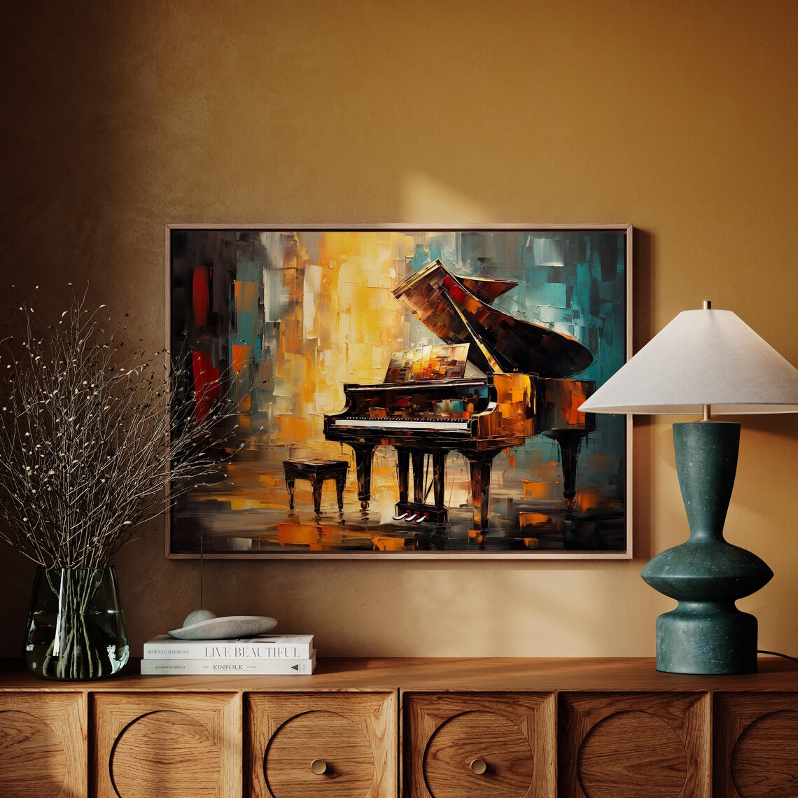 Grand Piano Abstract Oil Painting Gold Teal Music Room Poster - Image 3