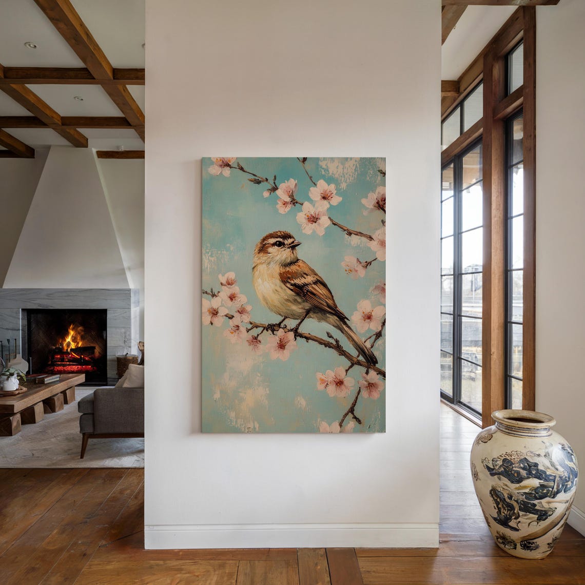 Sparrow Perched on Cherry Blossom Branch Pastel Teal Bird Art Print - Image 5