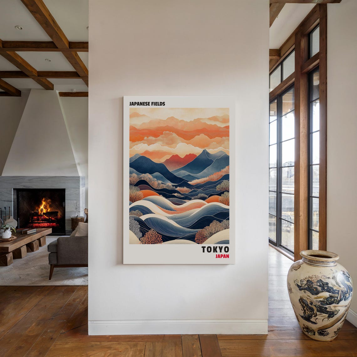 Japanese Fields Tokyo Japan Retro Layered Mountain Travel Poster - Image 2