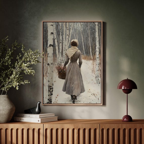 Vintage Winter Woman Walking Through Snowy Birch Forest With Basket Rustic Country Canvas Wall Art