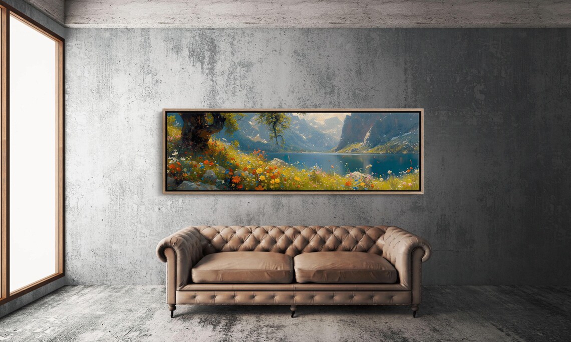 Wildflowers Mountains and Lake Oil-Style Art Print - Image 3