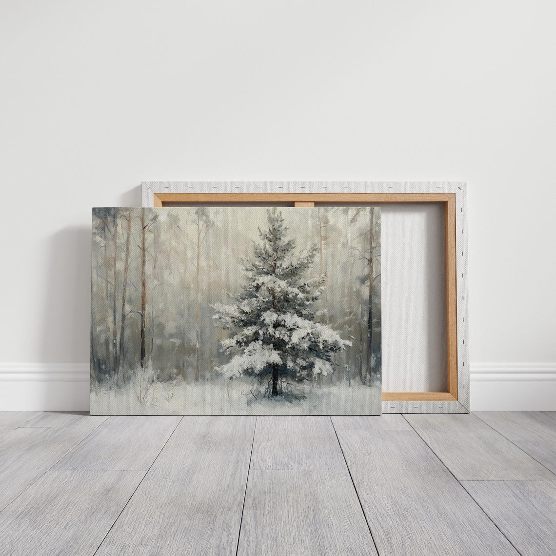 Snowy Pine Tree In Misty Gray Forest Peaceful Winter Wall Art - Image 3