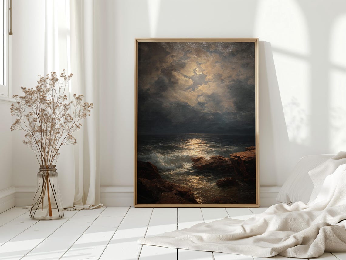 Moonlit Ocean Over Dramatic Rocky Shoreline Vintage Seascape Poster