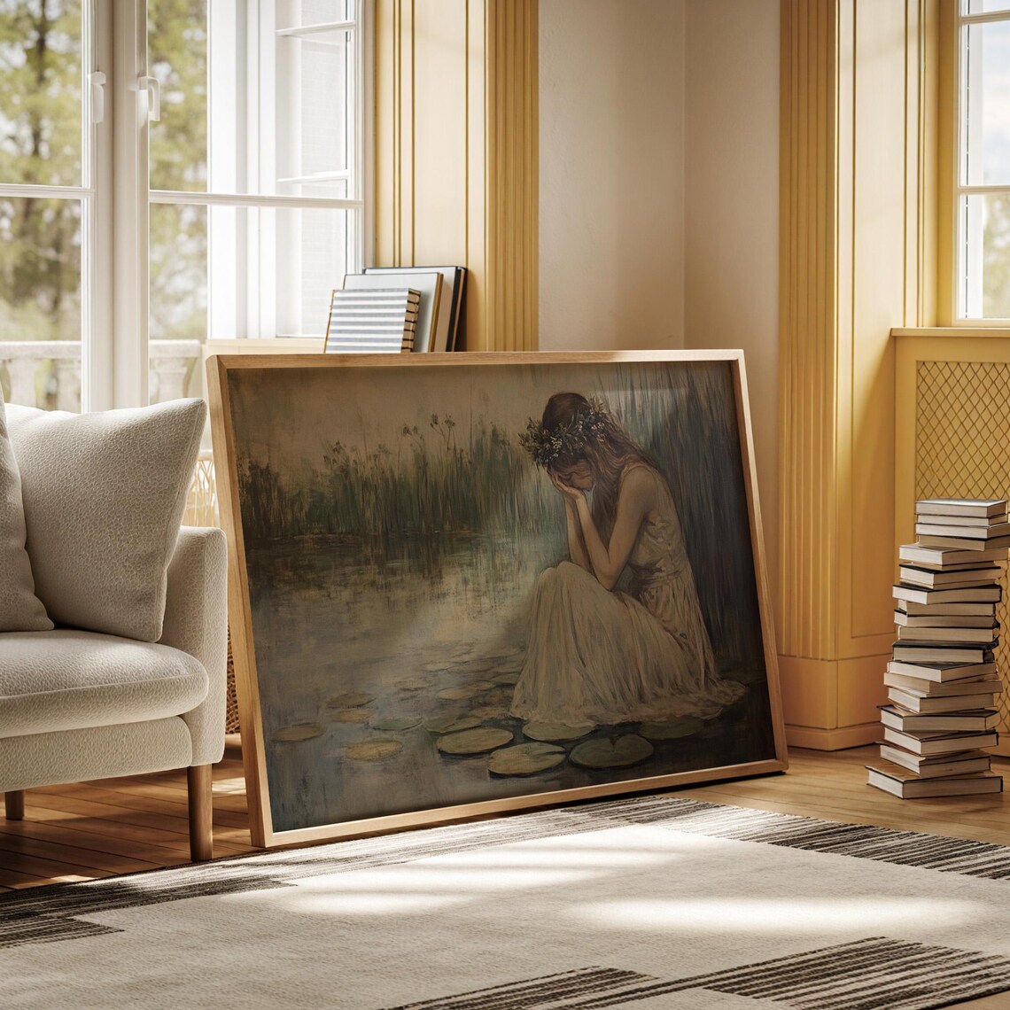Weeping Woman in White Dress with Flower Crown on Lily Pads Poster - Image 6