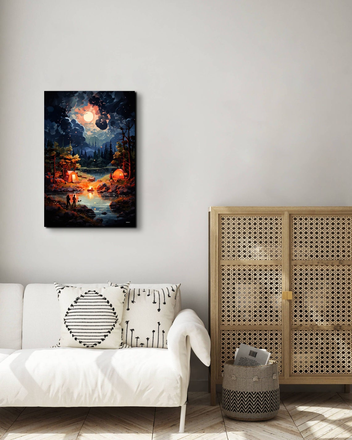 Night Camping By The Lake Under Full Moon Tents Campfire Poster - Image 6