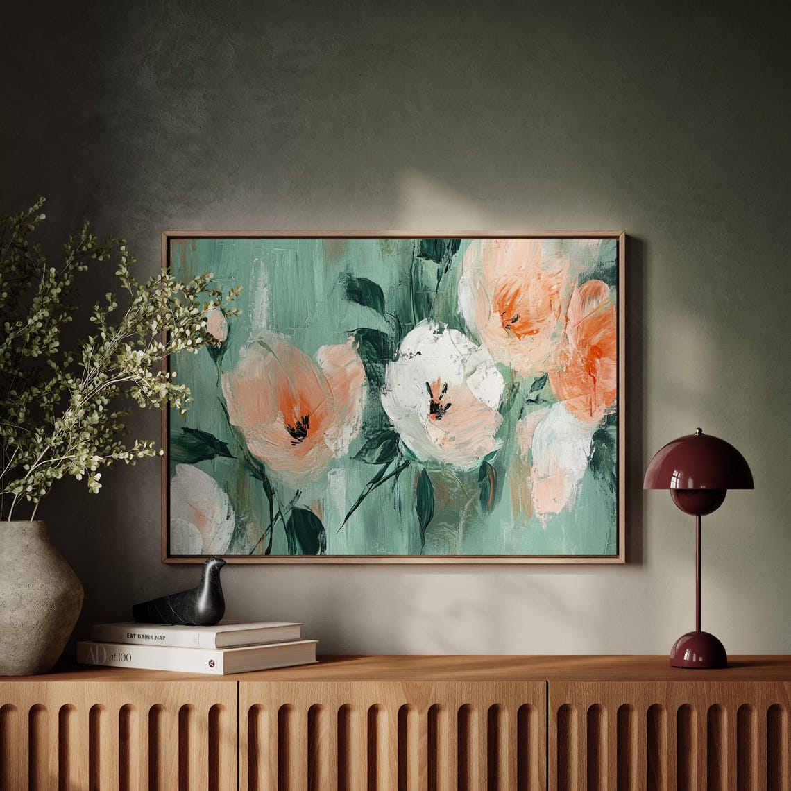 Peach White Poppy Blooms On Sage Green Modern Floral Art Poster - Image 4