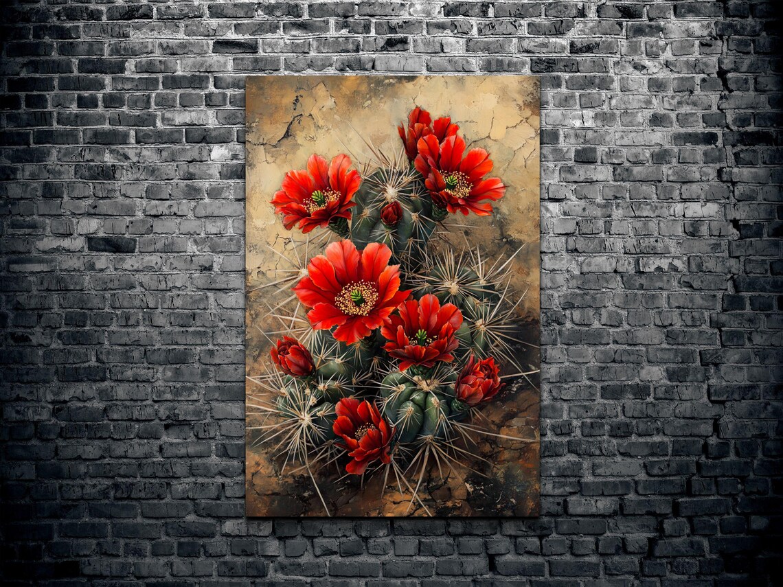 Red Blooming Cactus Flowers Textured Earthy Southwestern Art Poster - Image 2