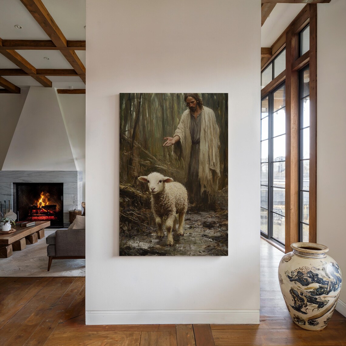 Jesus Reaching Out His Hand to a Lost Lamb in the Dark Woods Poster - Image 4