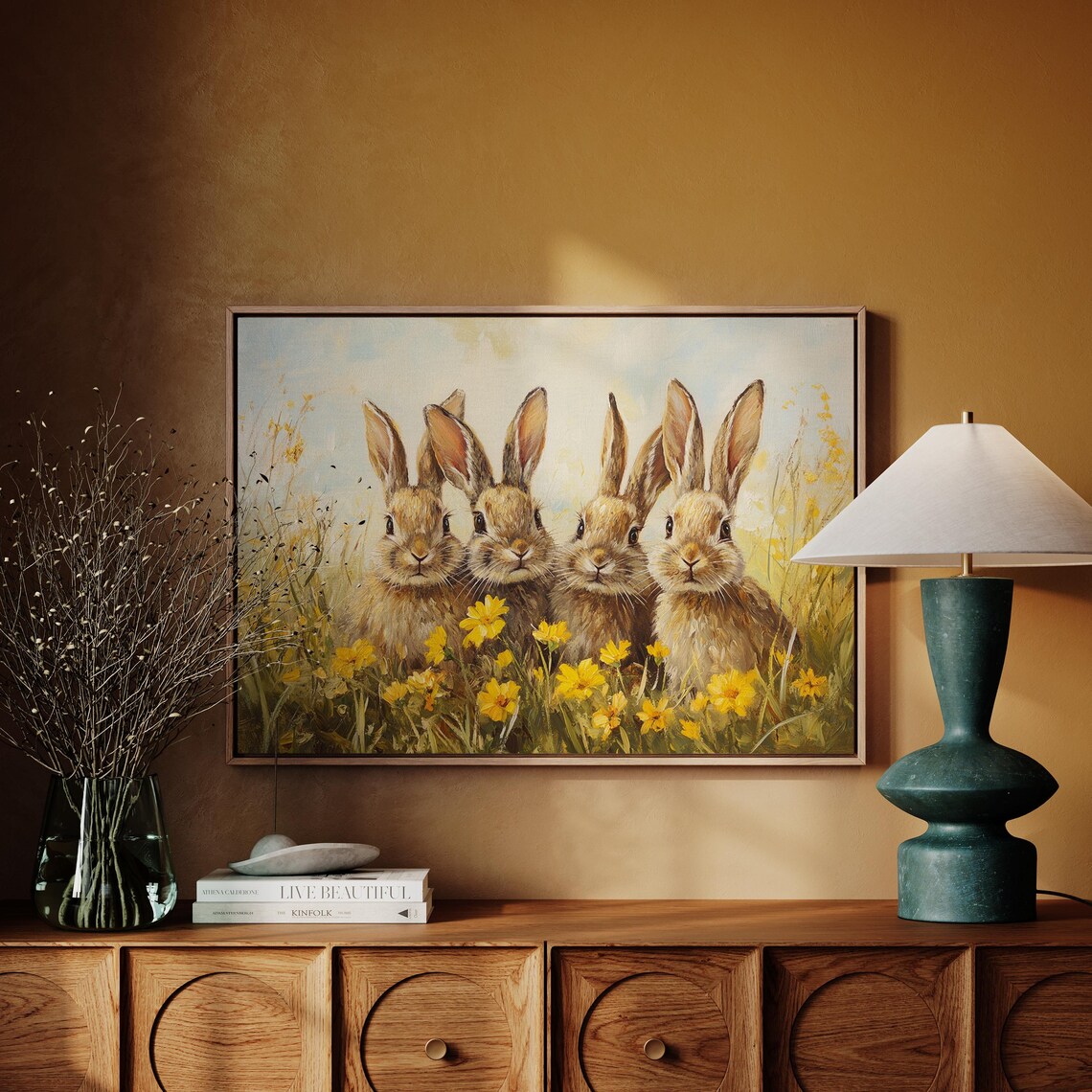 Rabbit Quartet in Wildflowers, Rustic Spring Art Print - Image 4