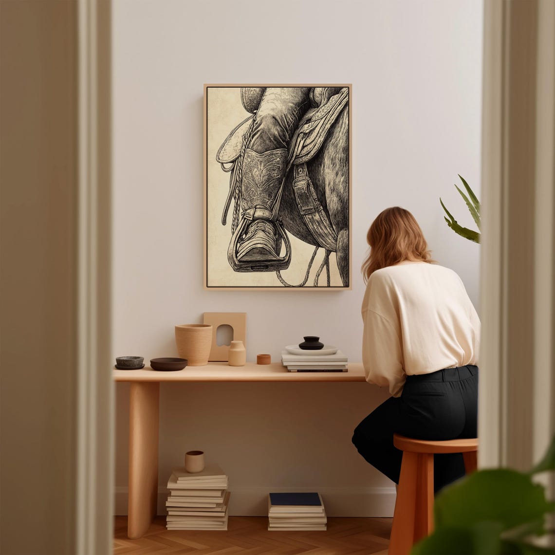 Western Cowboy Boot Art Vintage Saddle Illustration Rustic Farmhouse Decor Black And White Equestrian Print - Image 5