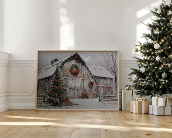 Rustic Snowy Barn Christmas Wall Art Vintage Farmhouse Holiday Scene