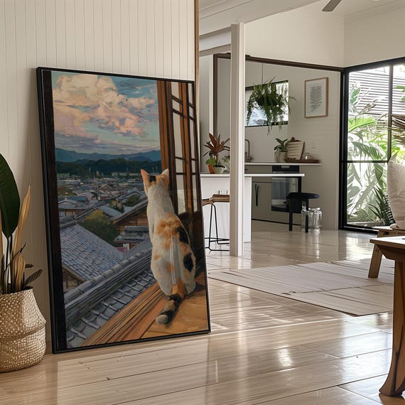 Sweet Calico Cat at Window Sunset Village View Cozy Feline Poster