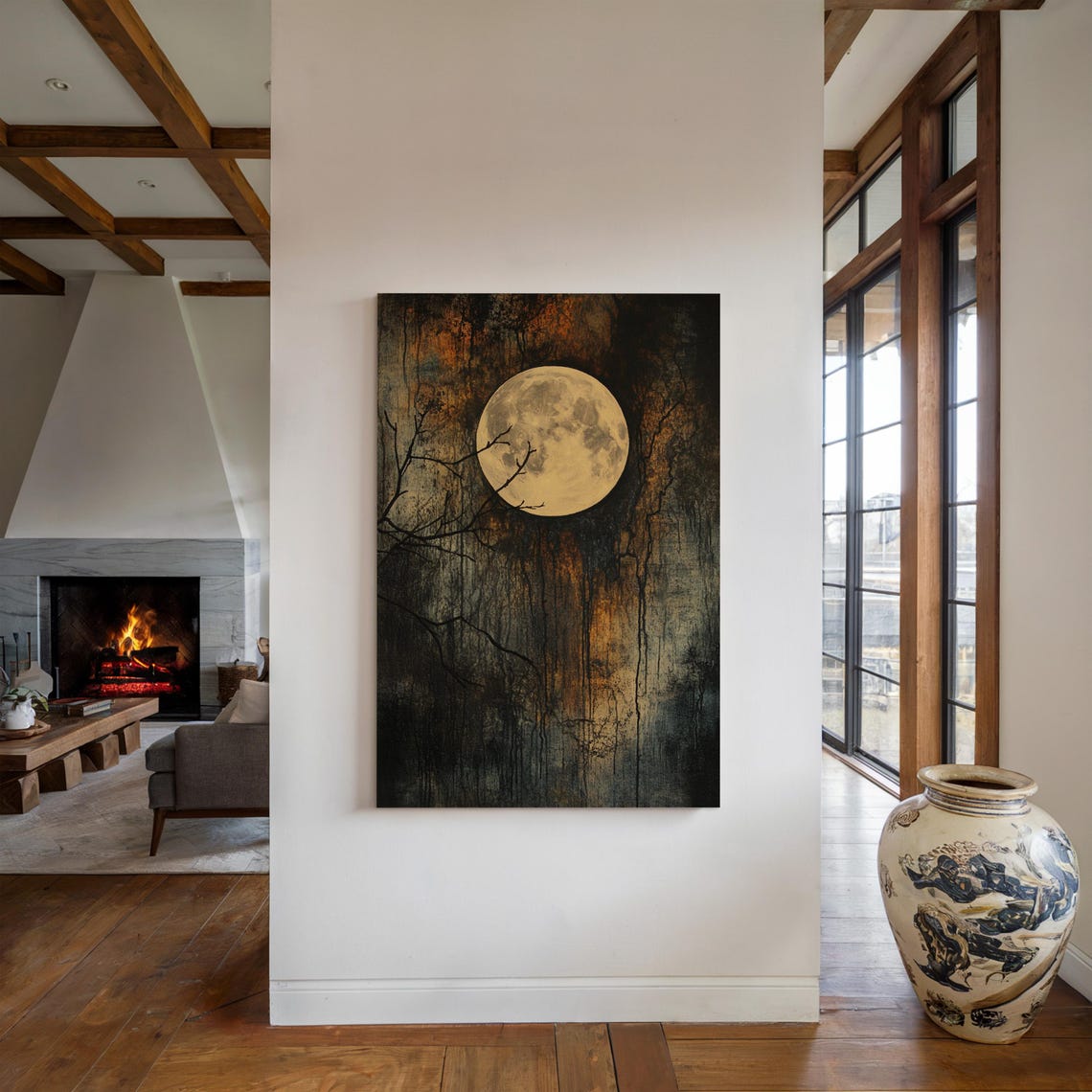 Gothic Full Moon Dark Abstract Night Sky Wall Art Moody Lunar Painting Mysterious Moonlight Decor - Image 3