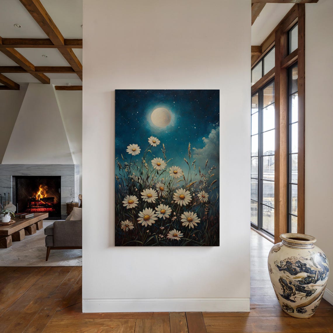 White Daisies Under a Glowing Full Moon in a Blue Night Sky Poster - Image 4