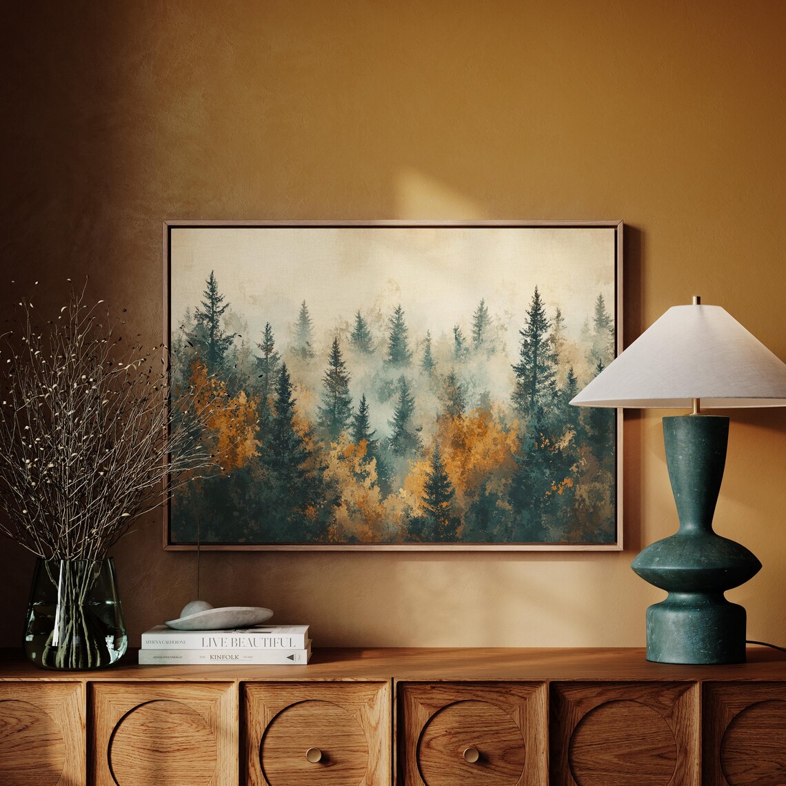 Serene Misty Autumn Pine Forest Fog Golden Fall Woodland Wall Art - Image 5